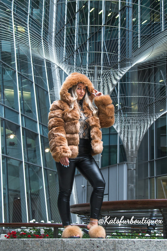 Camel Hooded 5-Row Fur Coat