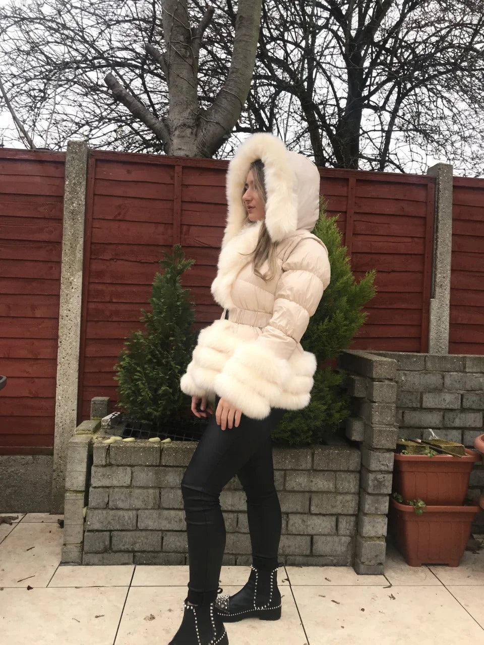 Beige Romany with White Fur Faux Fur Coat