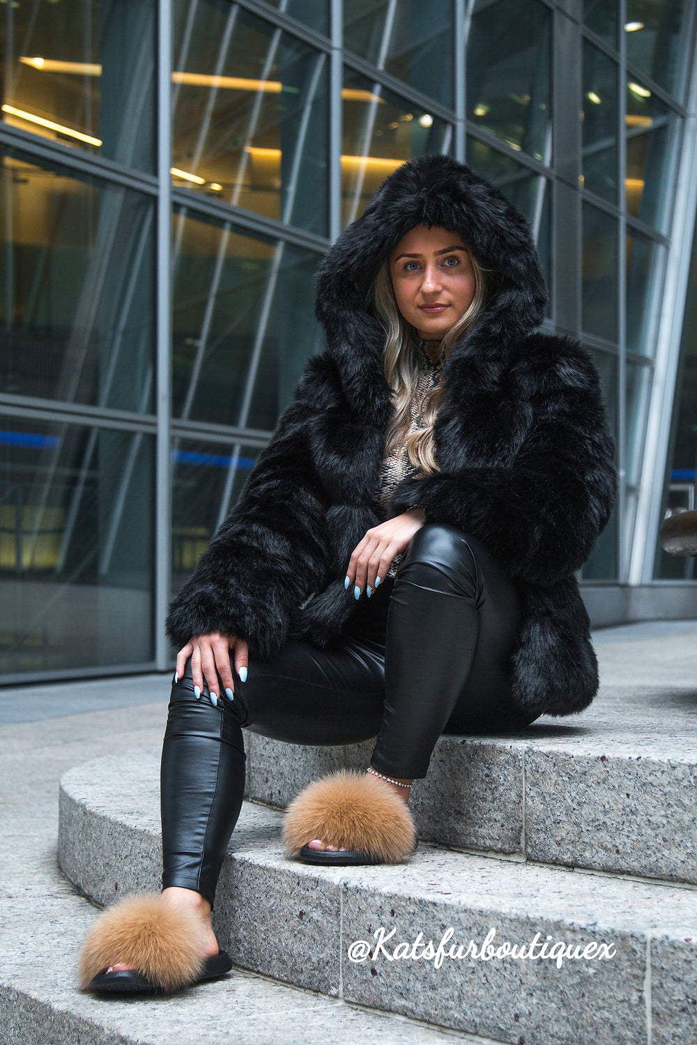 Black Hooded 5-Row Fur Coat