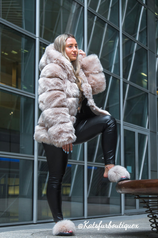 Beige Hooded 5-Row Fur Coat