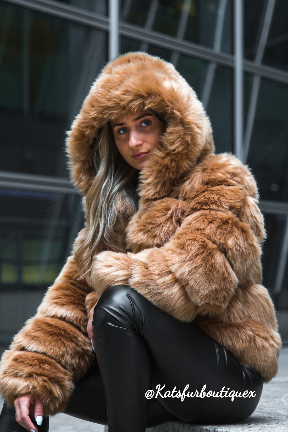 Camel Hooded 5-Row Fur Coat