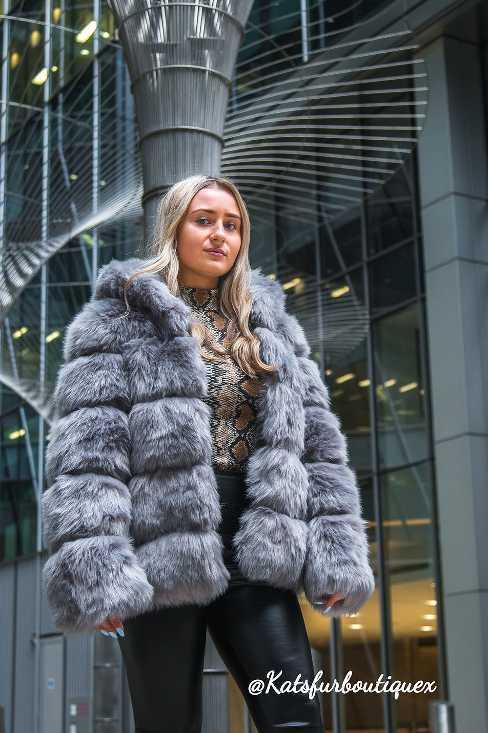 Light Grey Hooded 5-Row Fur Coat