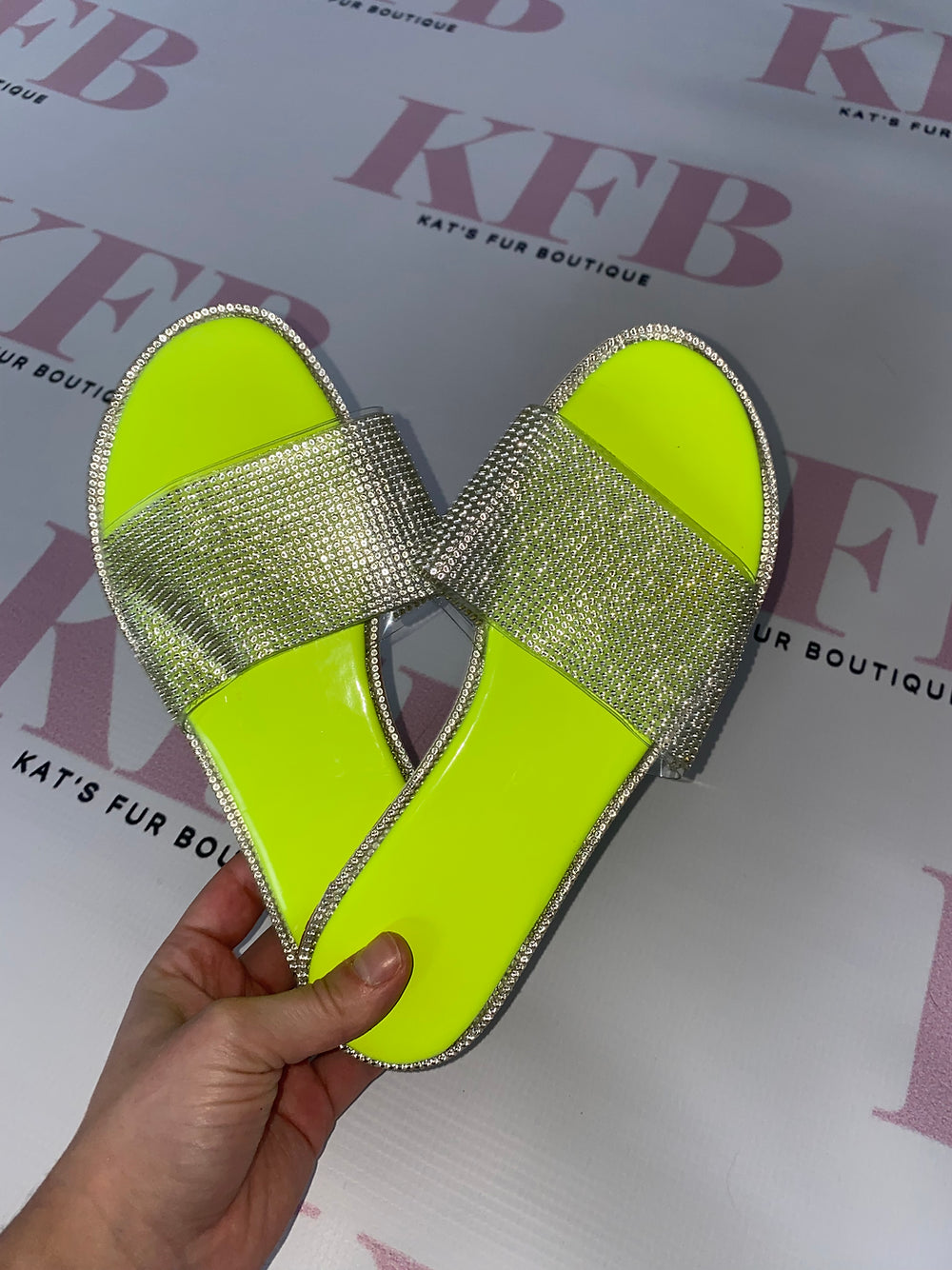 Neon Yellow Diamante Sliders Kat s Fur Boutique