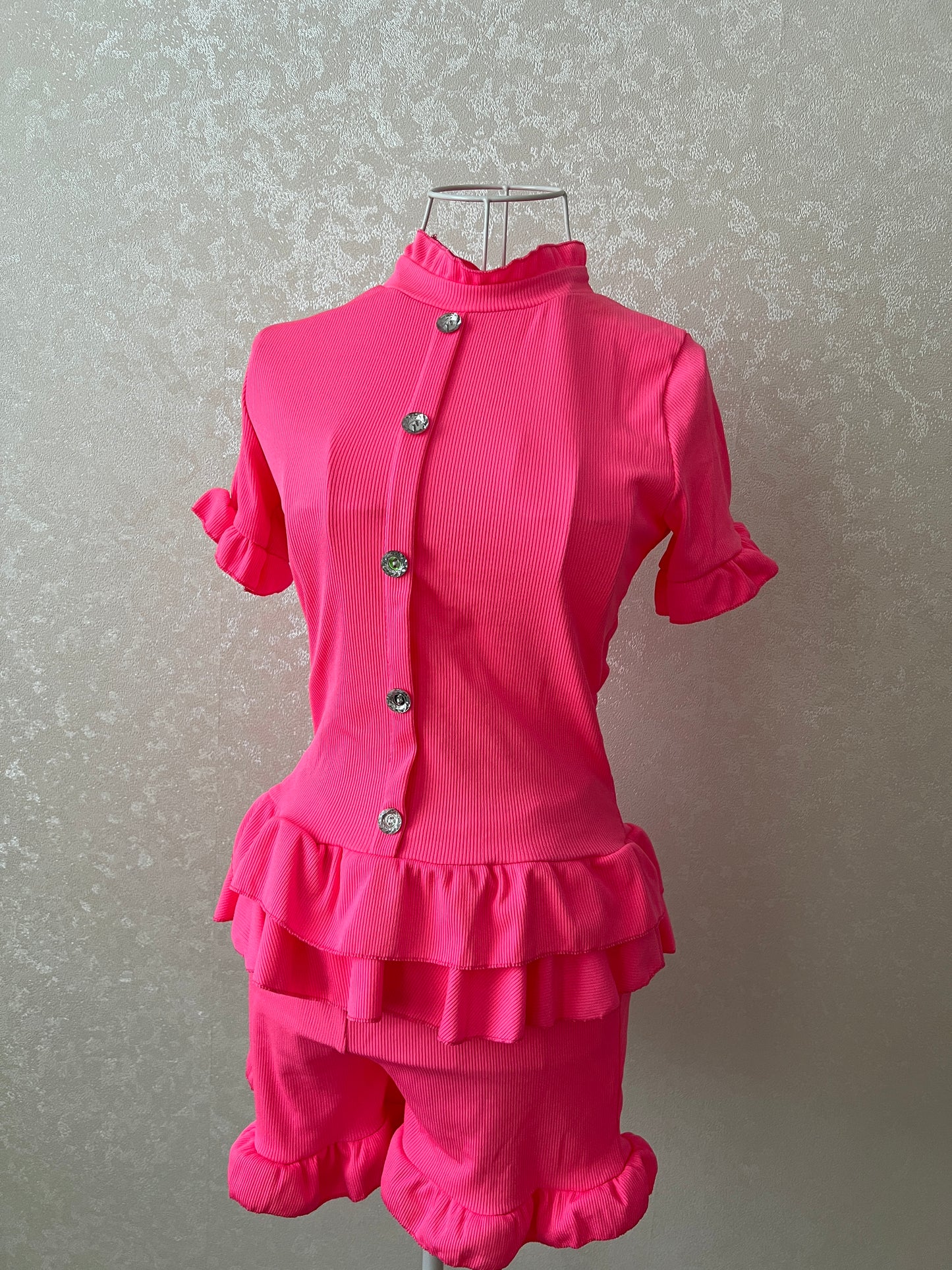 Neon Pink Frilly Diamante Set
