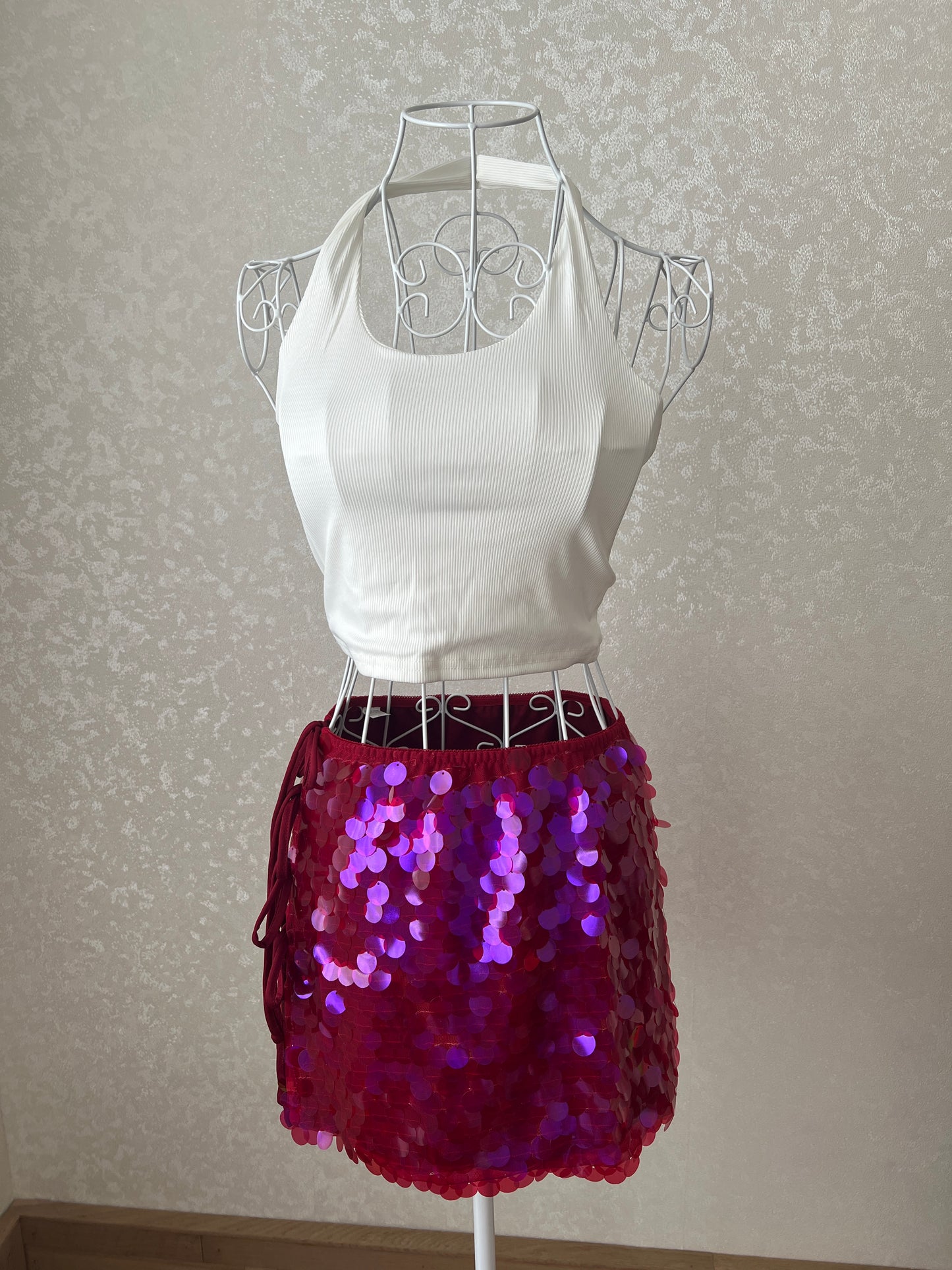 Wine Red Ibiza Sequin Ribbon Skirt