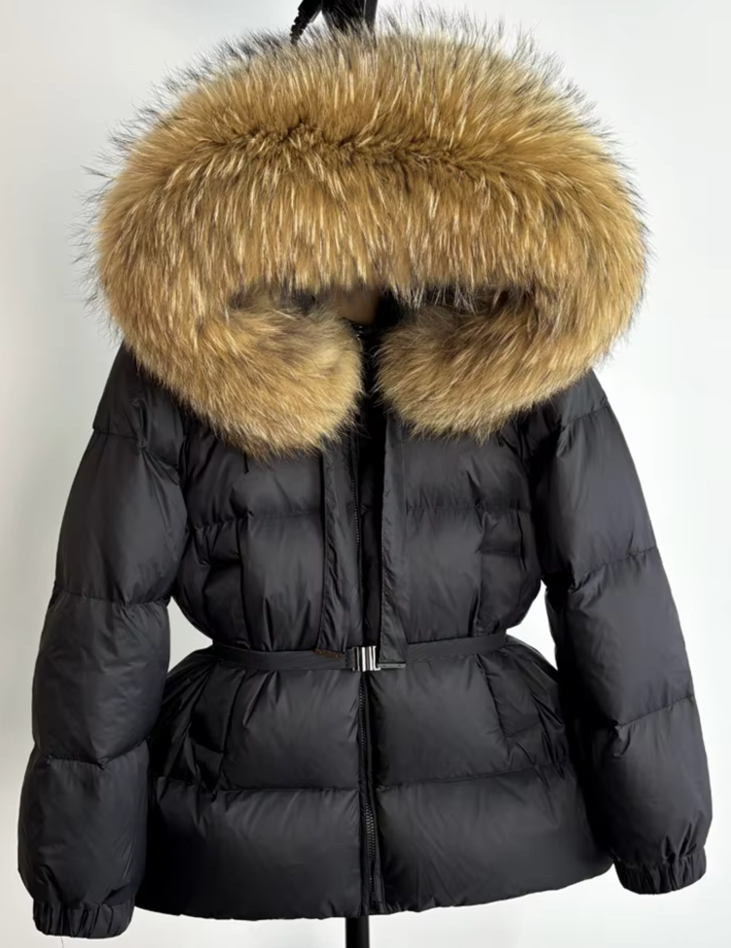 Black Belted Fur Hood Parka