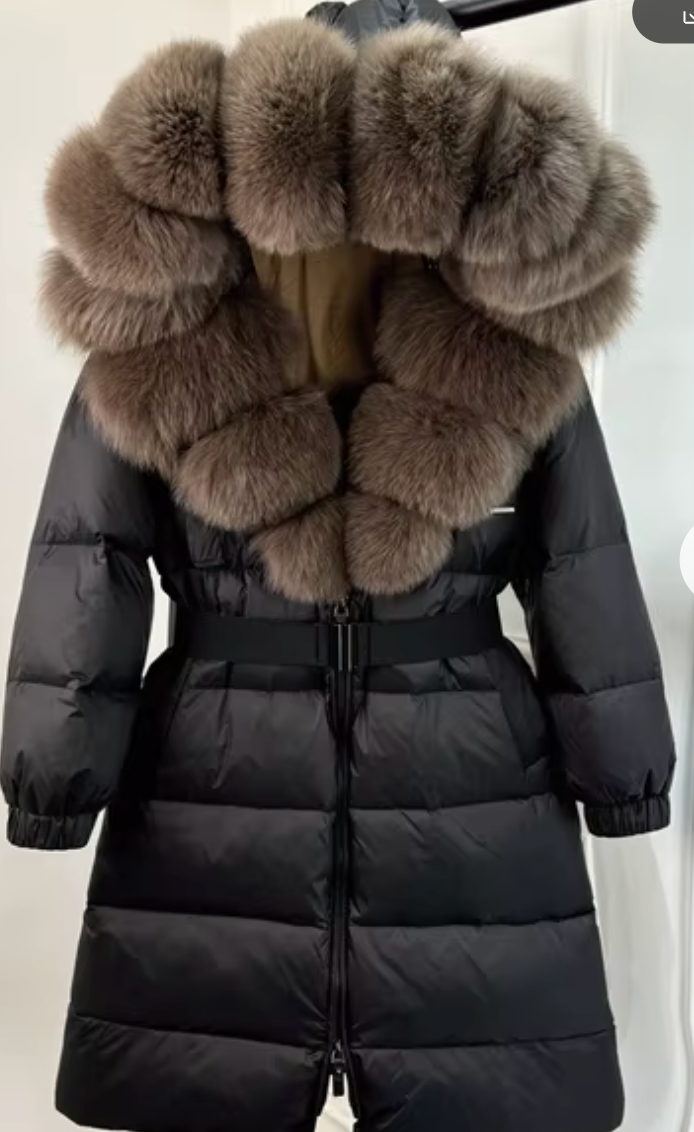 Mocha Oversized Fur Hood Black Long Jacket