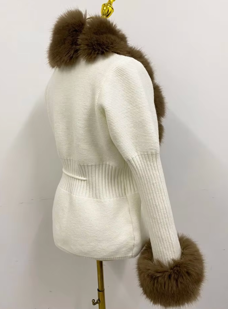 White and Brown Fur Cardigan