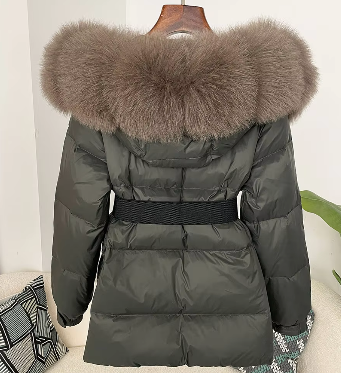 Khaki Fur Hood Short Jacket