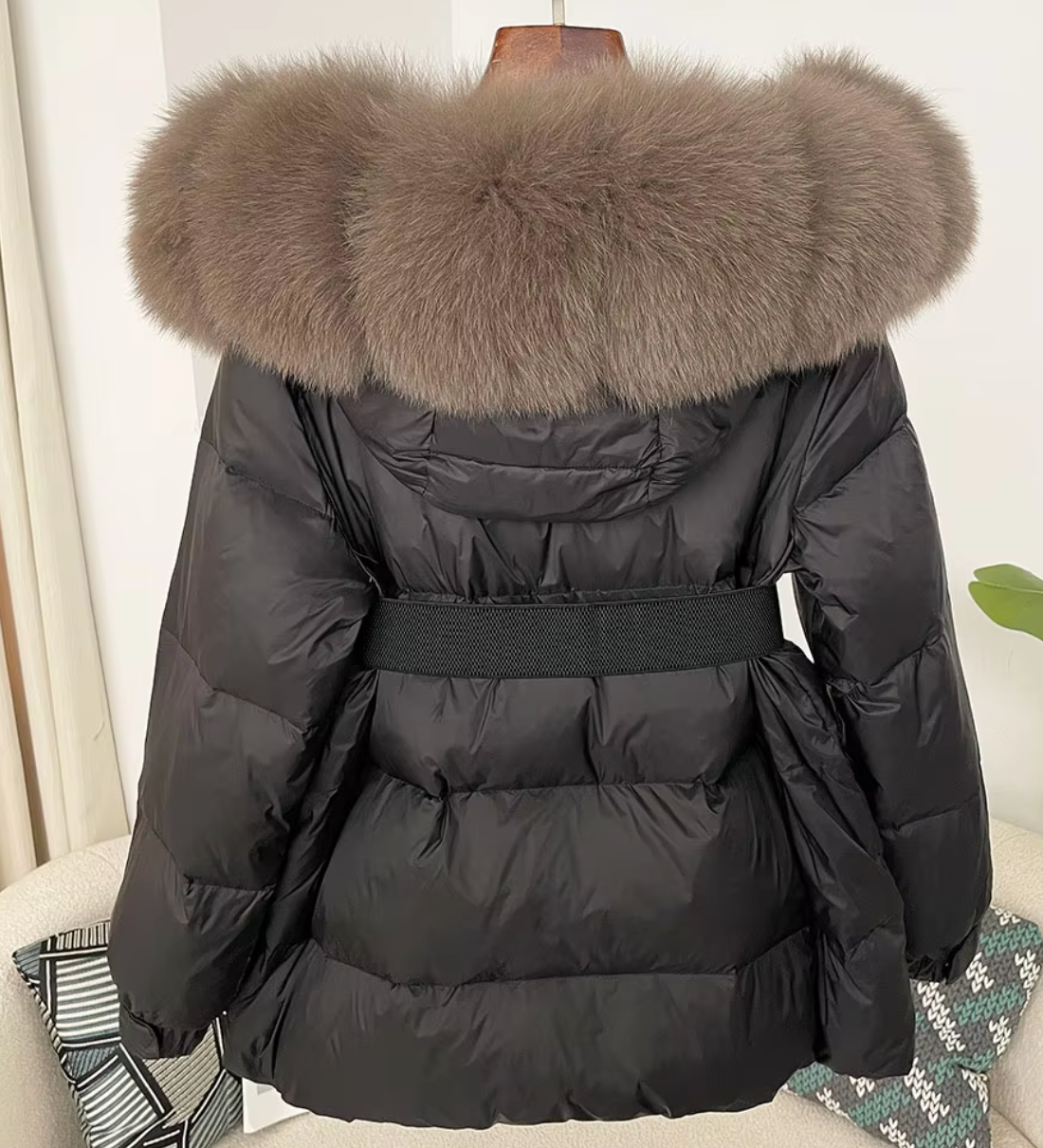 Mocha Fur Hood Black Short Jacket