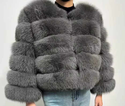 Dark Grey Premium Fur Coat with Detachable Sleeves