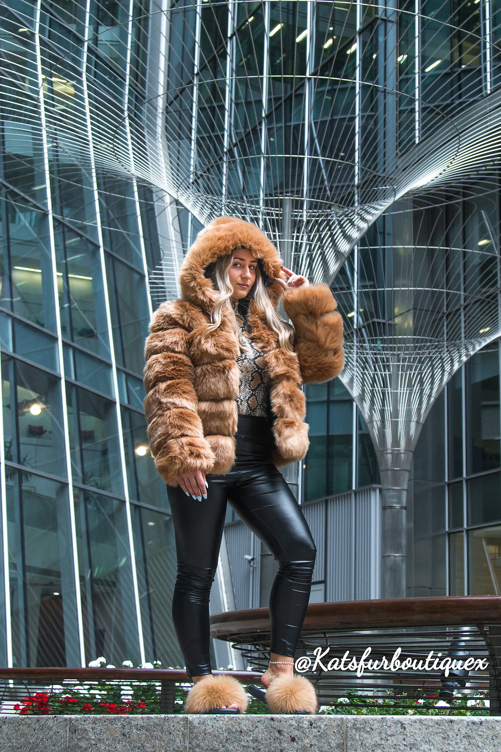 Camel Hooded 5-Row Fur Coat