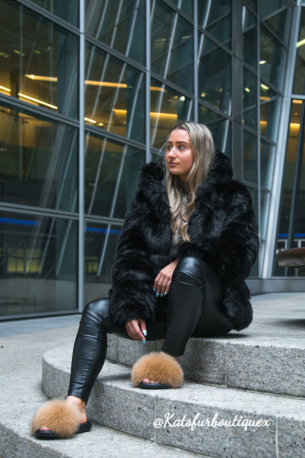 Black Hooded 5-Row Fur Coat