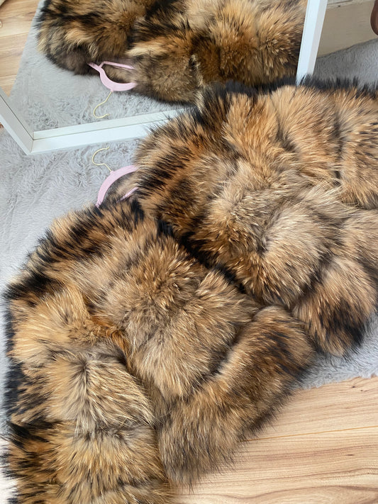 Natural Raccoon Premium Fur Coat with Detachable Sleeves (Longer Sleeves)