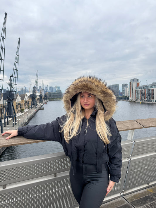 Black Oversized Fur Hood Coat