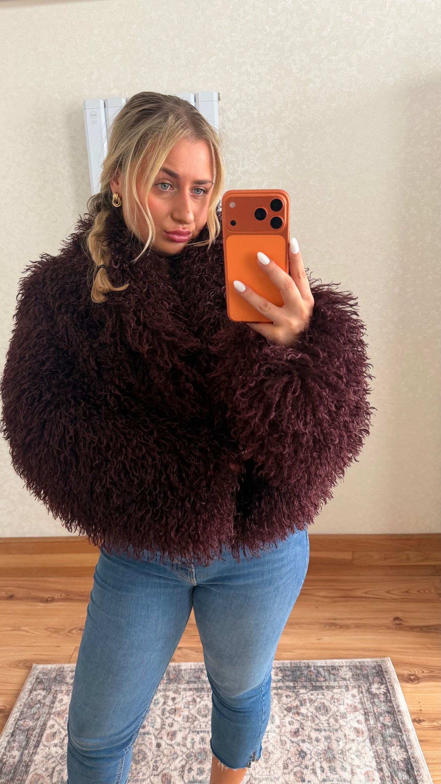 Burgundy Mongolian Fur Coat