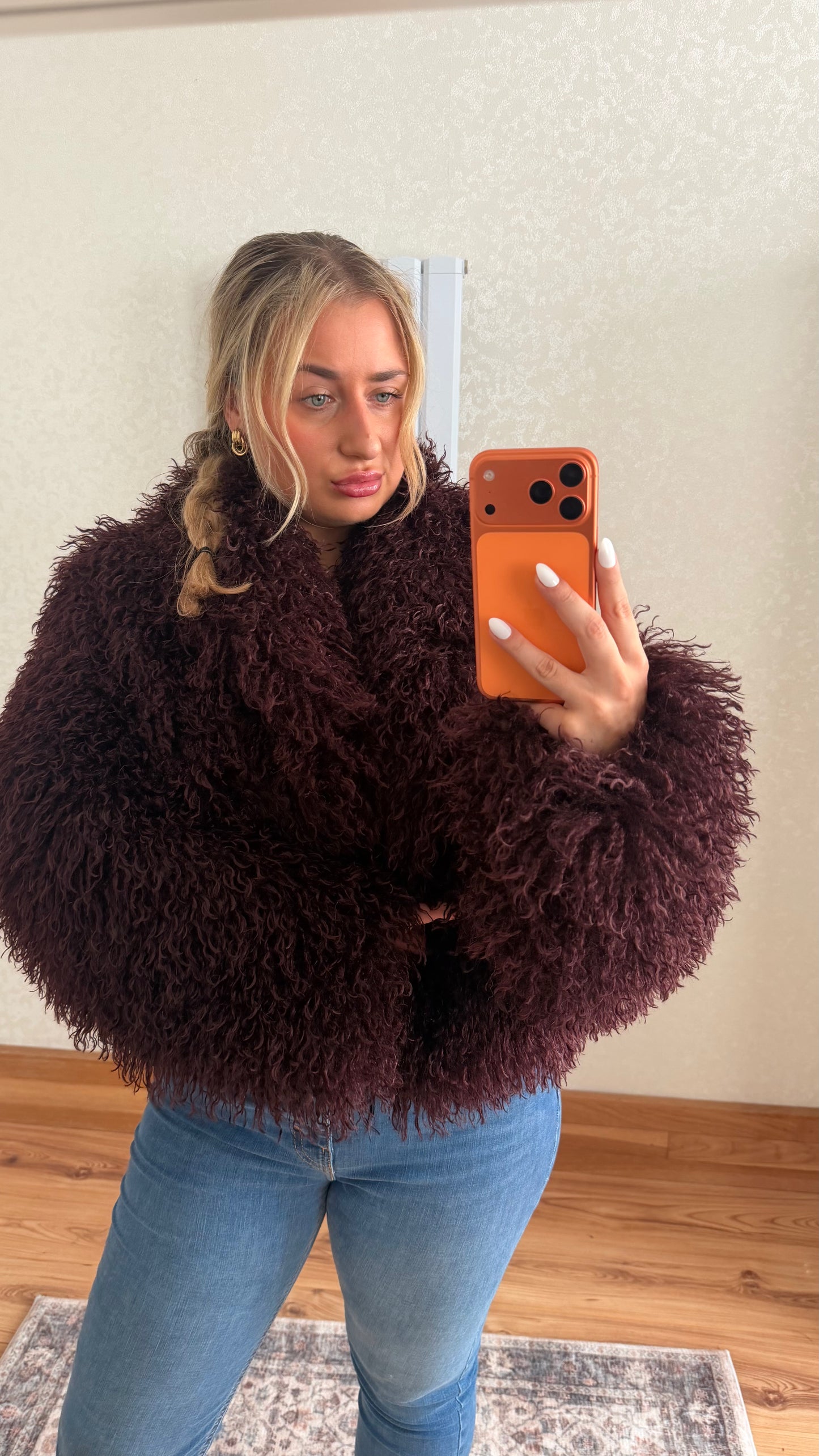 Burgundy Mongolian Fur Coat