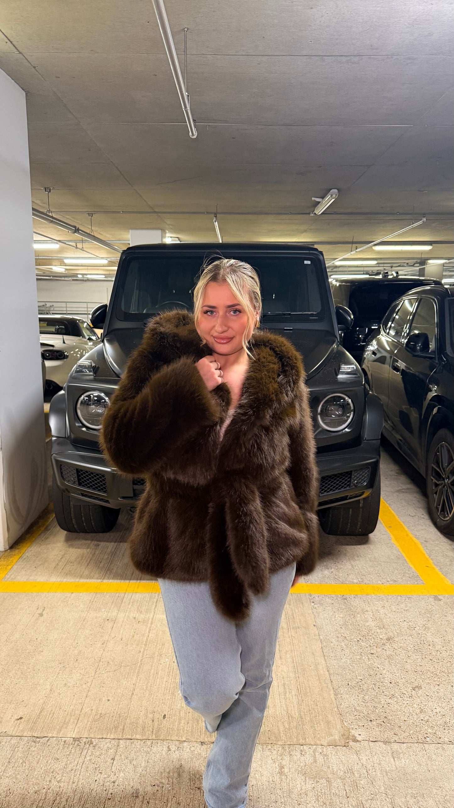 Brown Hooded Fur Coat with Belt