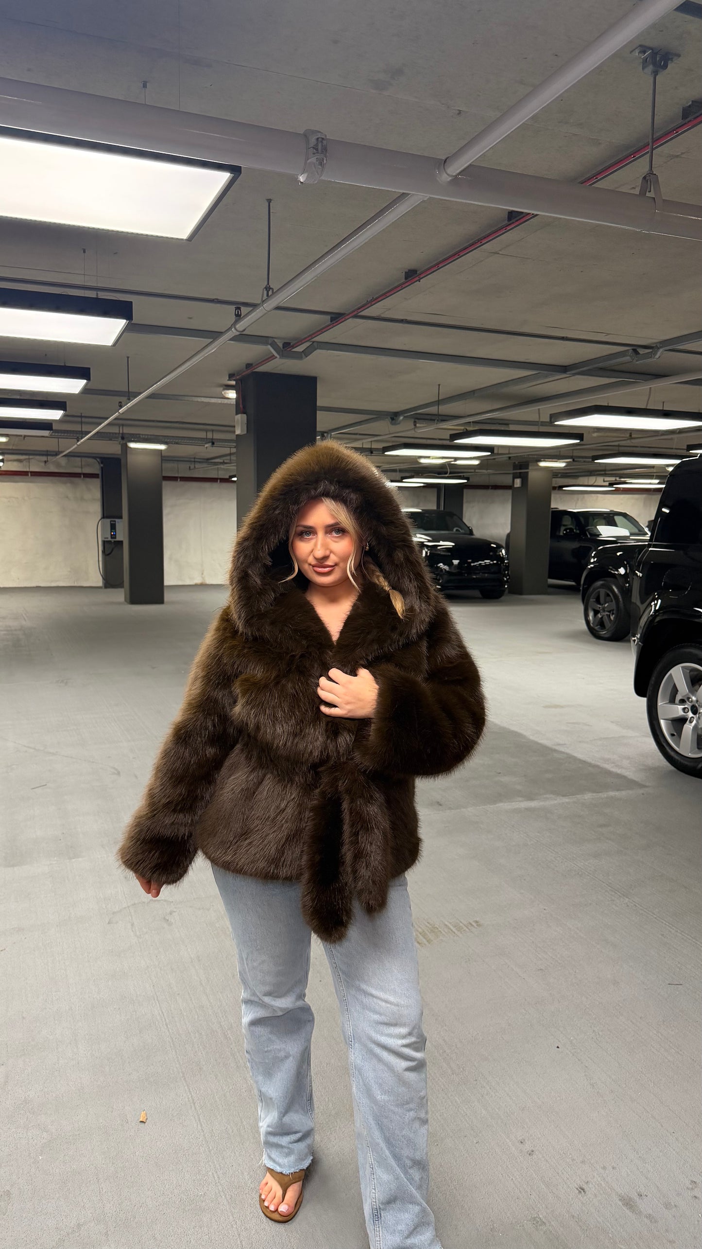 Brown Hooded Fur Coat with Belt