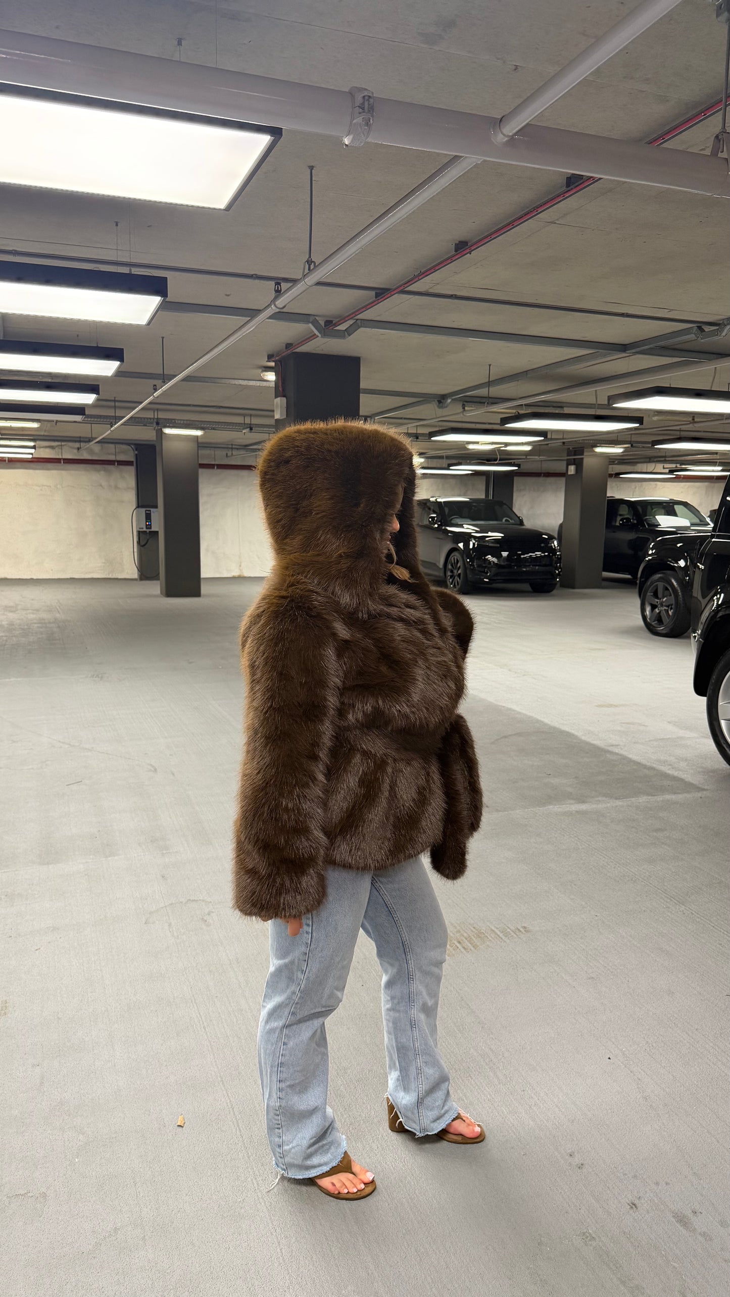 Brown Hooded Fur Coat with Belt