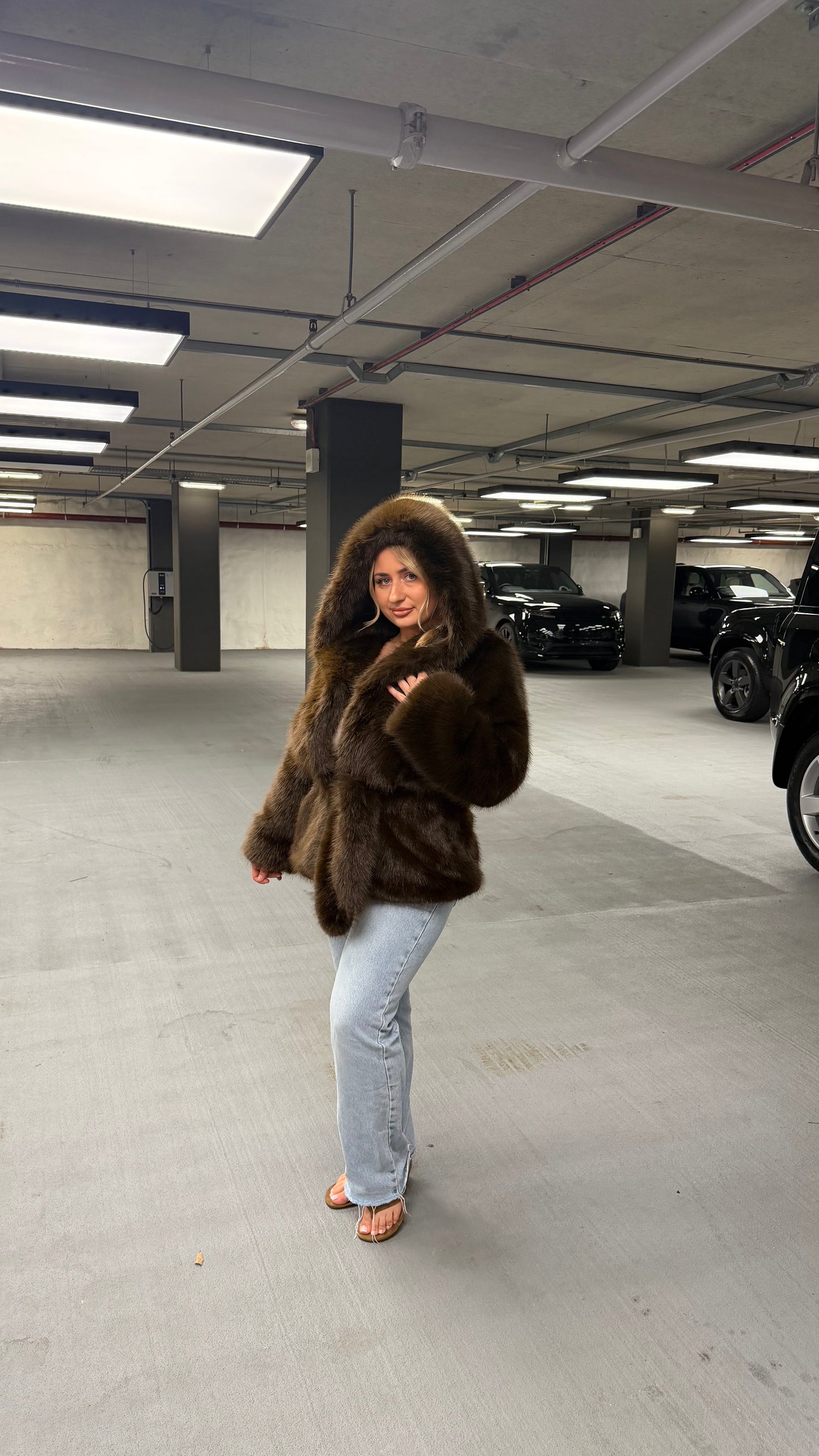 Brown Hooded Fur Coat with Belt