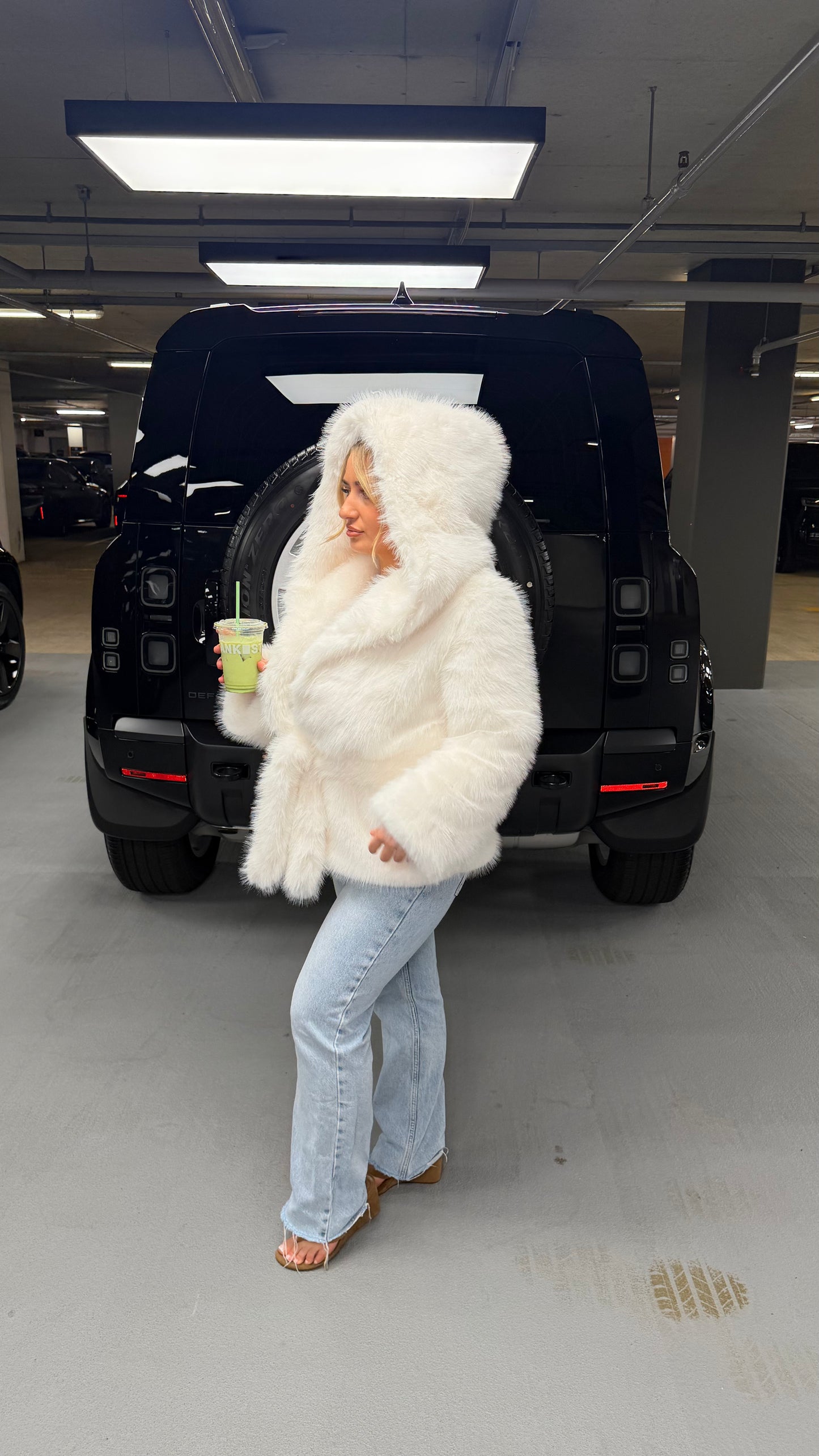 White Hooded Fur Coat with Belt