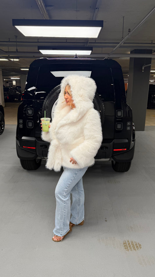 White Hooded Fur Coat with Belt