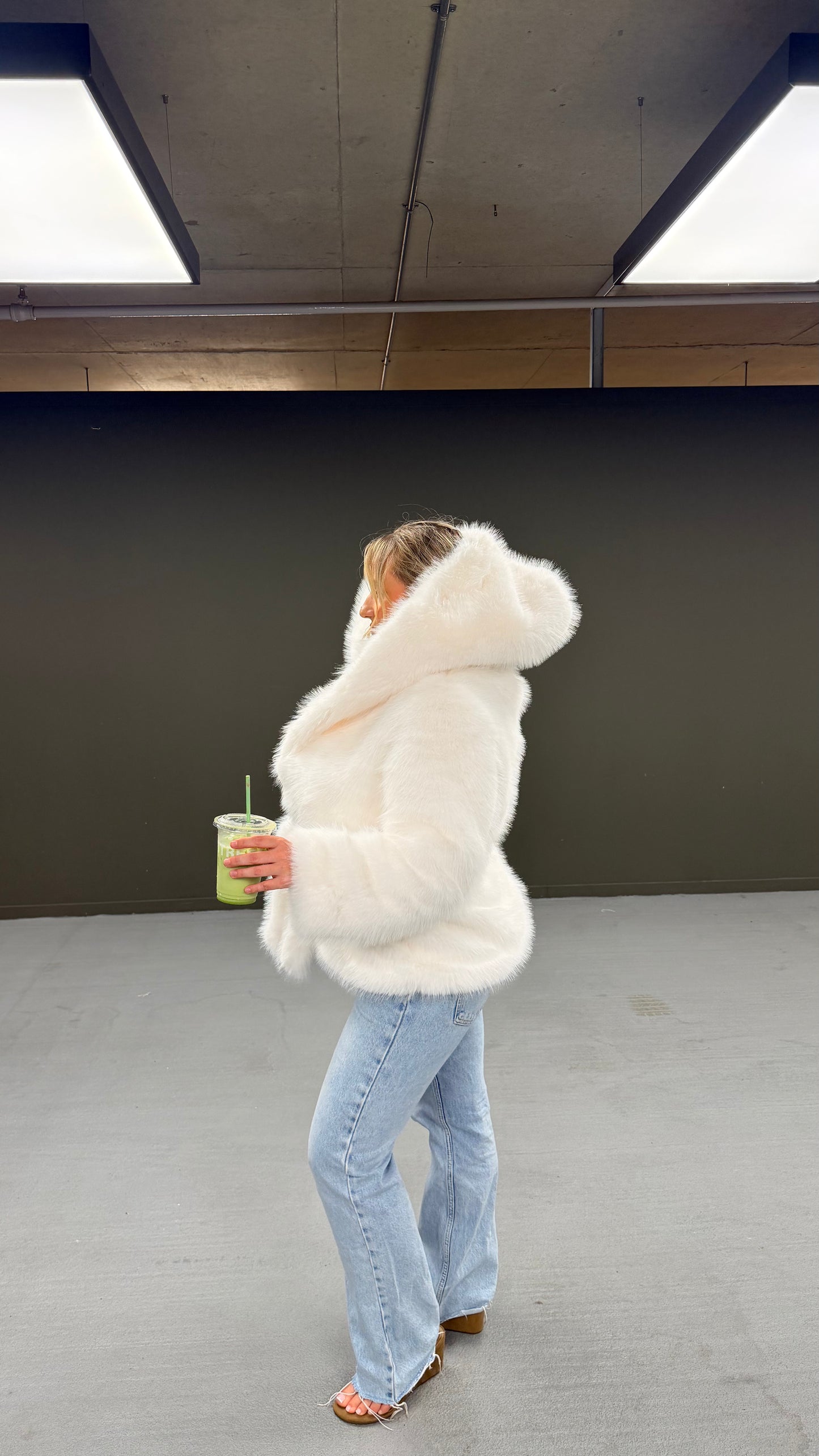 White Hooded Fur Coat with Belt