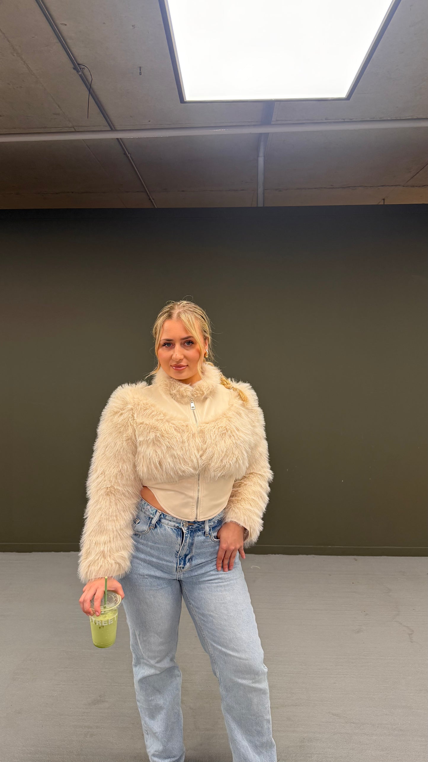 Beige Cropped Fur Jacket