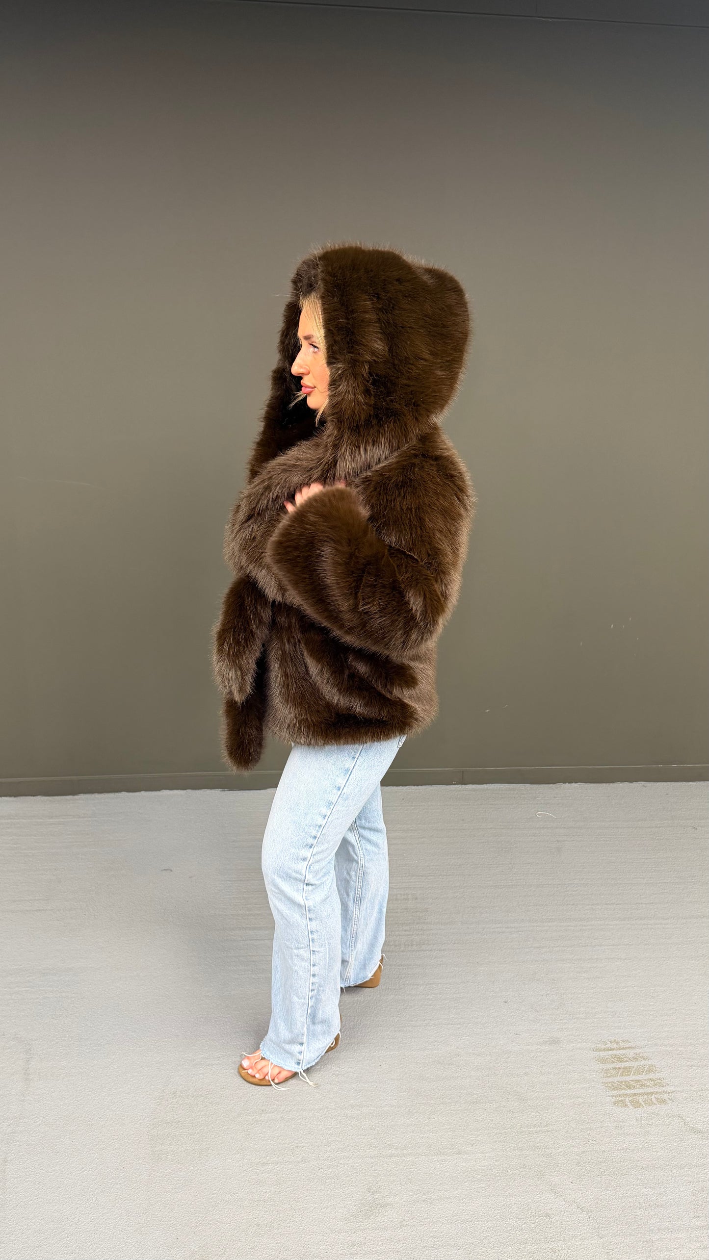 Brown Hooded Fur Coat with Belt