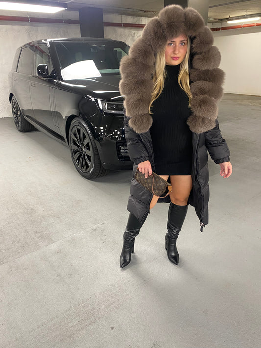 Mocha Oversized Fur Hood Black Long Jacket