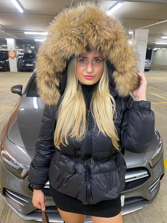 Black Belted Fur Hood Parka