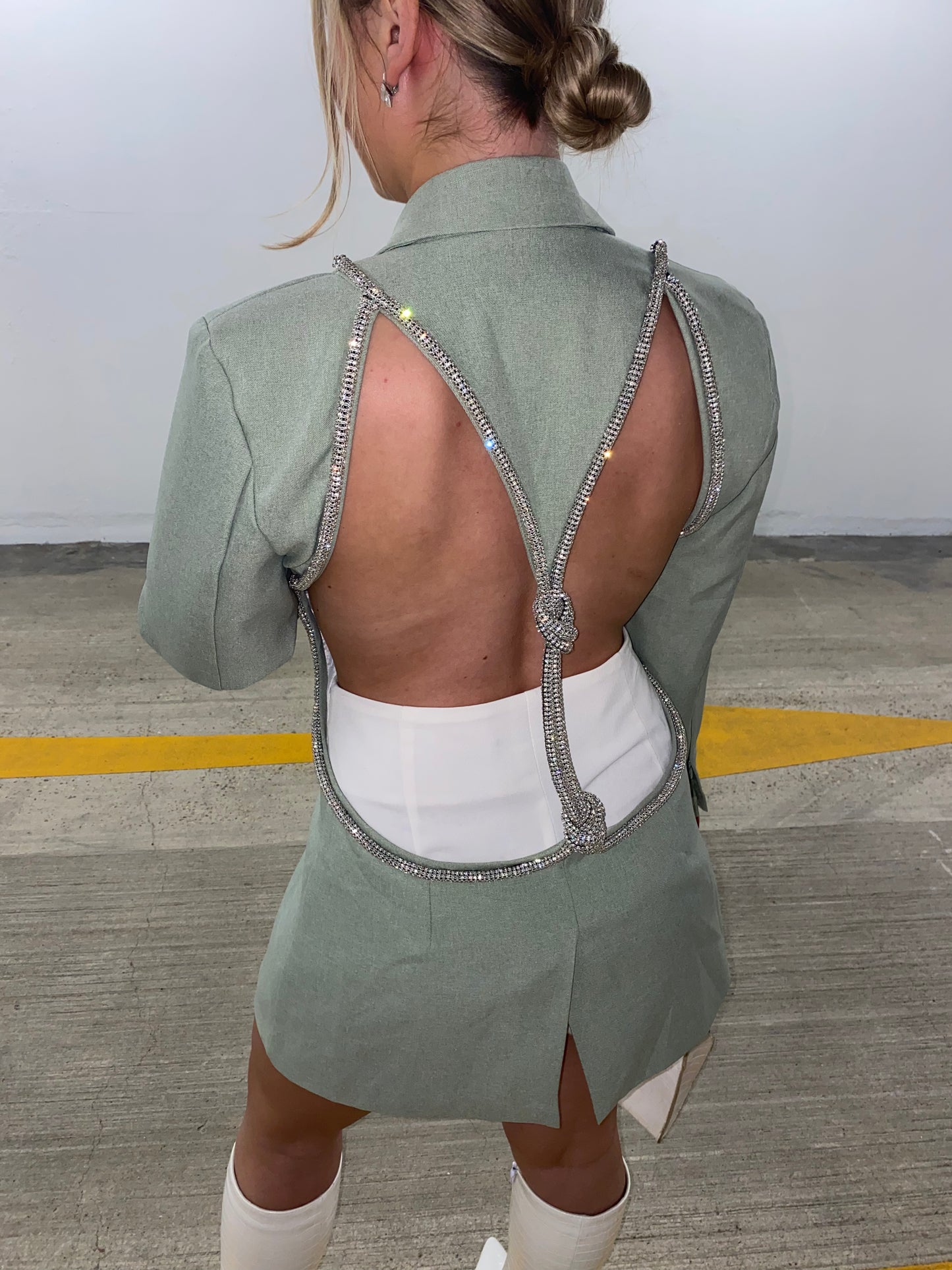 Premium Green Backless Diamante Blazer