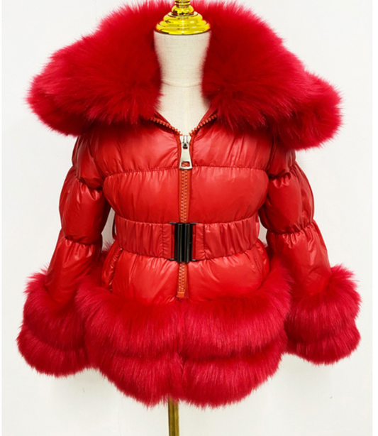 Kids Red Romany Faux Fur Coat