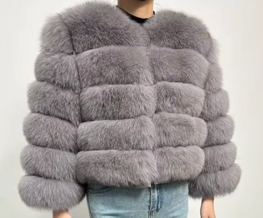 Light Grey Premium Fur Coat with Detachable Sleeves